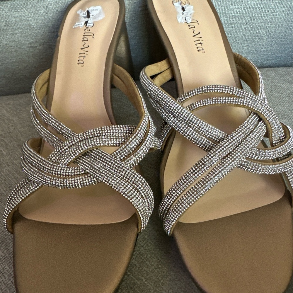Bella Vita Tan Heels with Rhinestone Embellishments